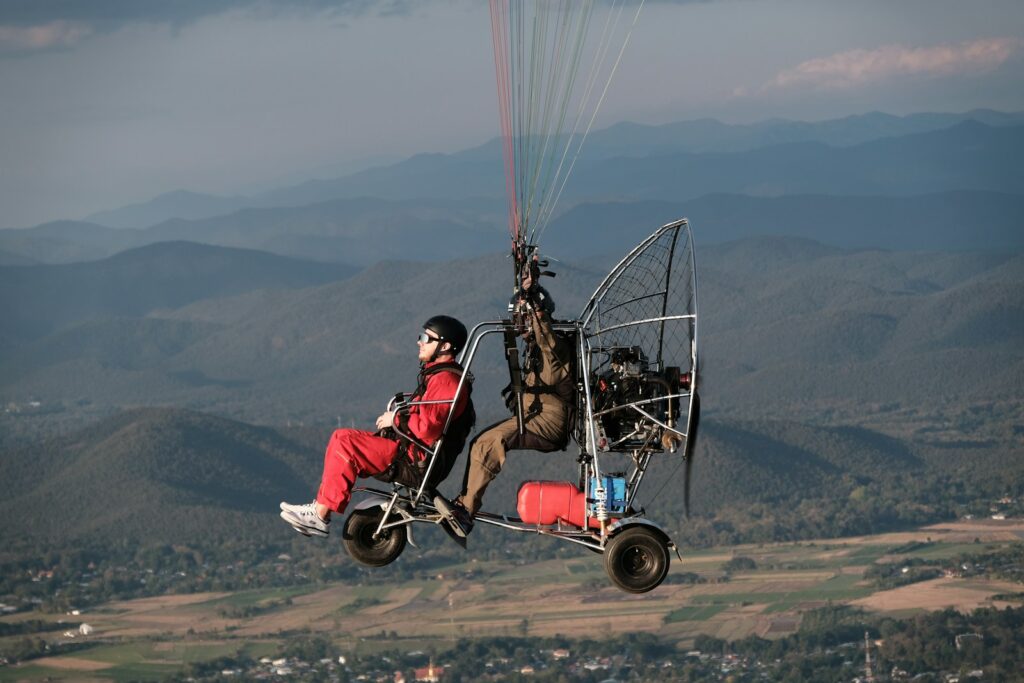Paramotor flight view over highlands